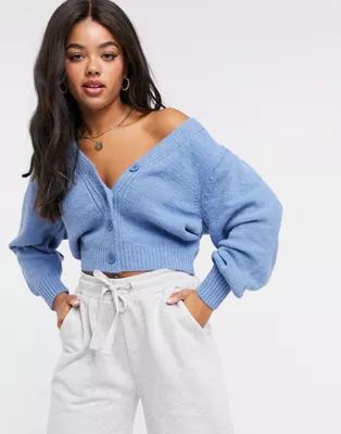 ASOS DESIGN v neck cardigan with puff sleeve in blue | ASOS (Global)