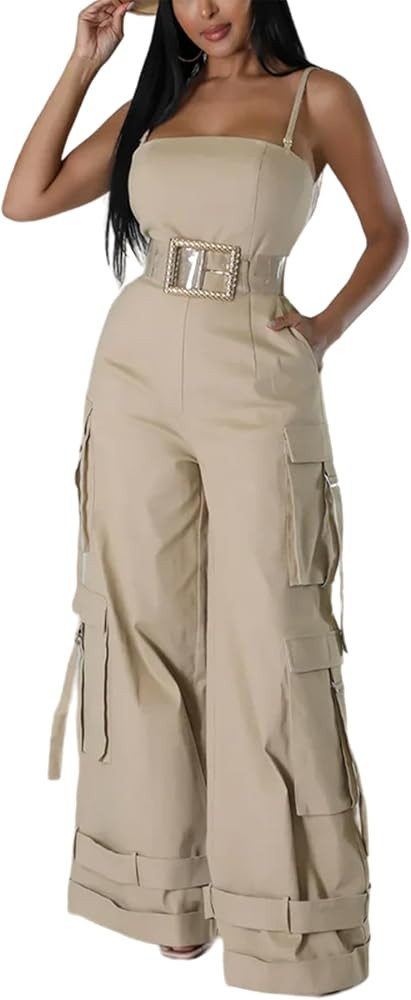 SHINFY Womens Sexy Cargo Jumpsuit Spaghetti Strap Y2K Wide Leg Cargo Pants Jumpsuits Overalls Rom... | Amazon (US)