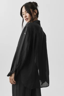 ALO | Semi-Sheer Golden Hour Button Down Long Sleeve Top in Black, Size: Large | Alo Yoga
