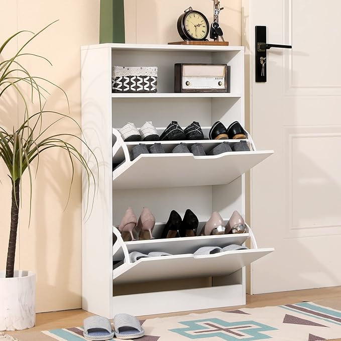 Shoe Storage Cabinet for Entryway, Narrow Freestanding Shoe Organizer Rack with 2 Flip Down Stora... | Amazon (US)