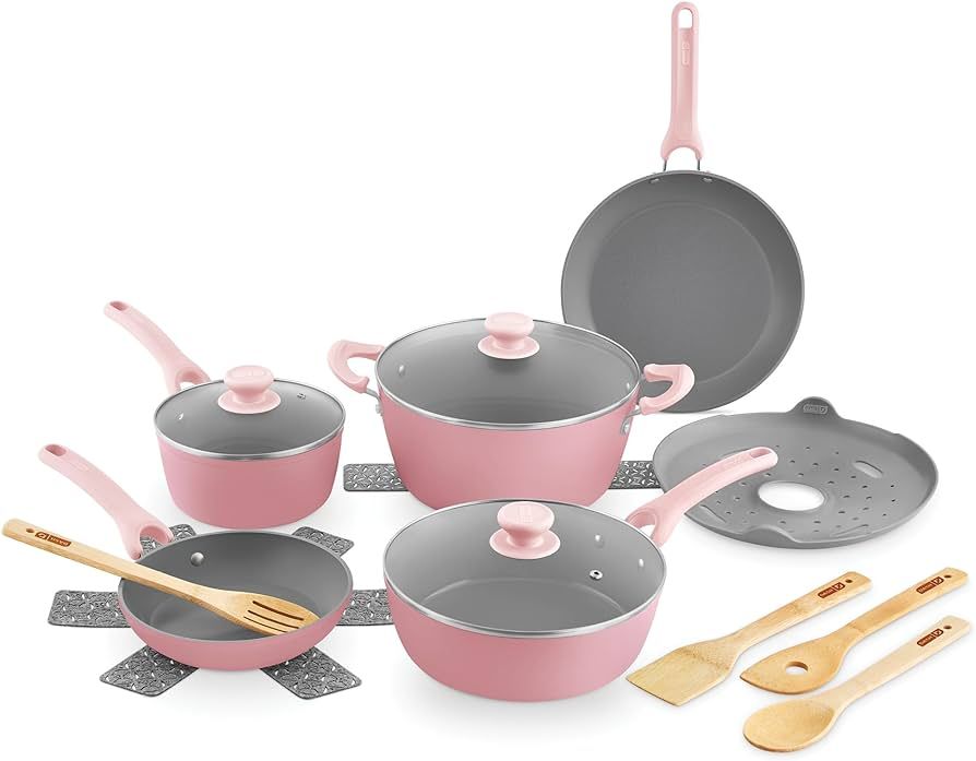 DASH Dream Green Nonstick Ceramic Cookware Set, 15 Piece, Pink - Recycled Aluminum and Ceramic, N... | Amazon (US)