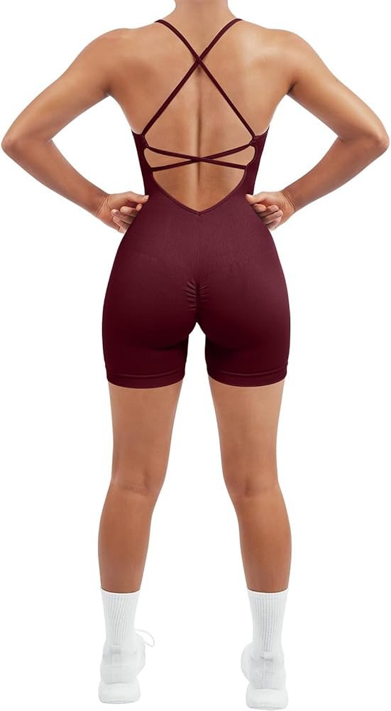 SUUKSESS Women Strappy Romper Seamless Jumpsuit Tummy Control Padded Sports Bra | Amazon (US)
