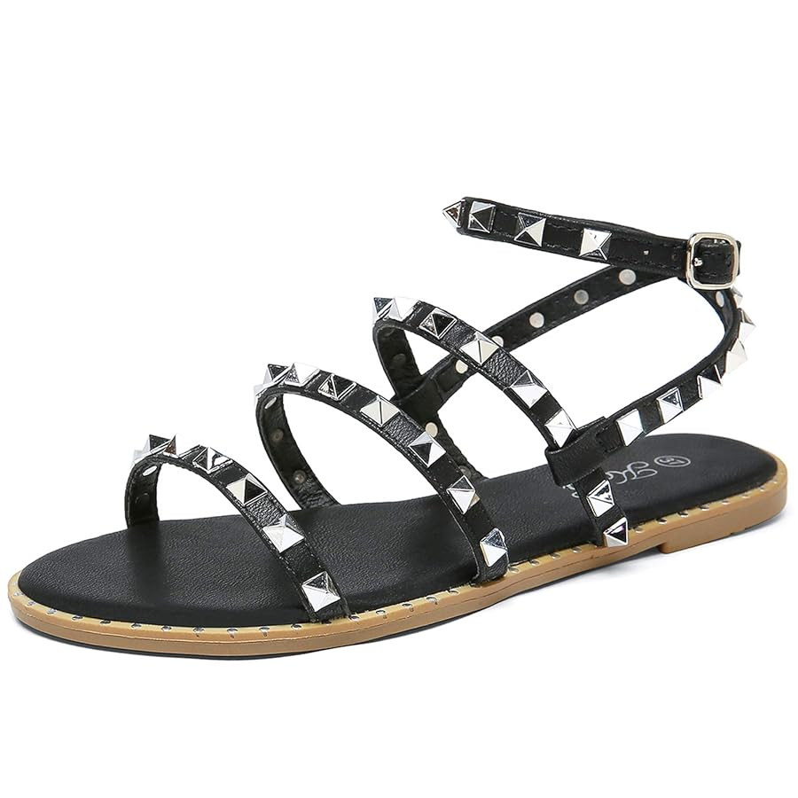 katliu Women's Flat Sandals Strappy Studded Sandals Gladiator Sandals with Ankle Strap | Amazon (US)