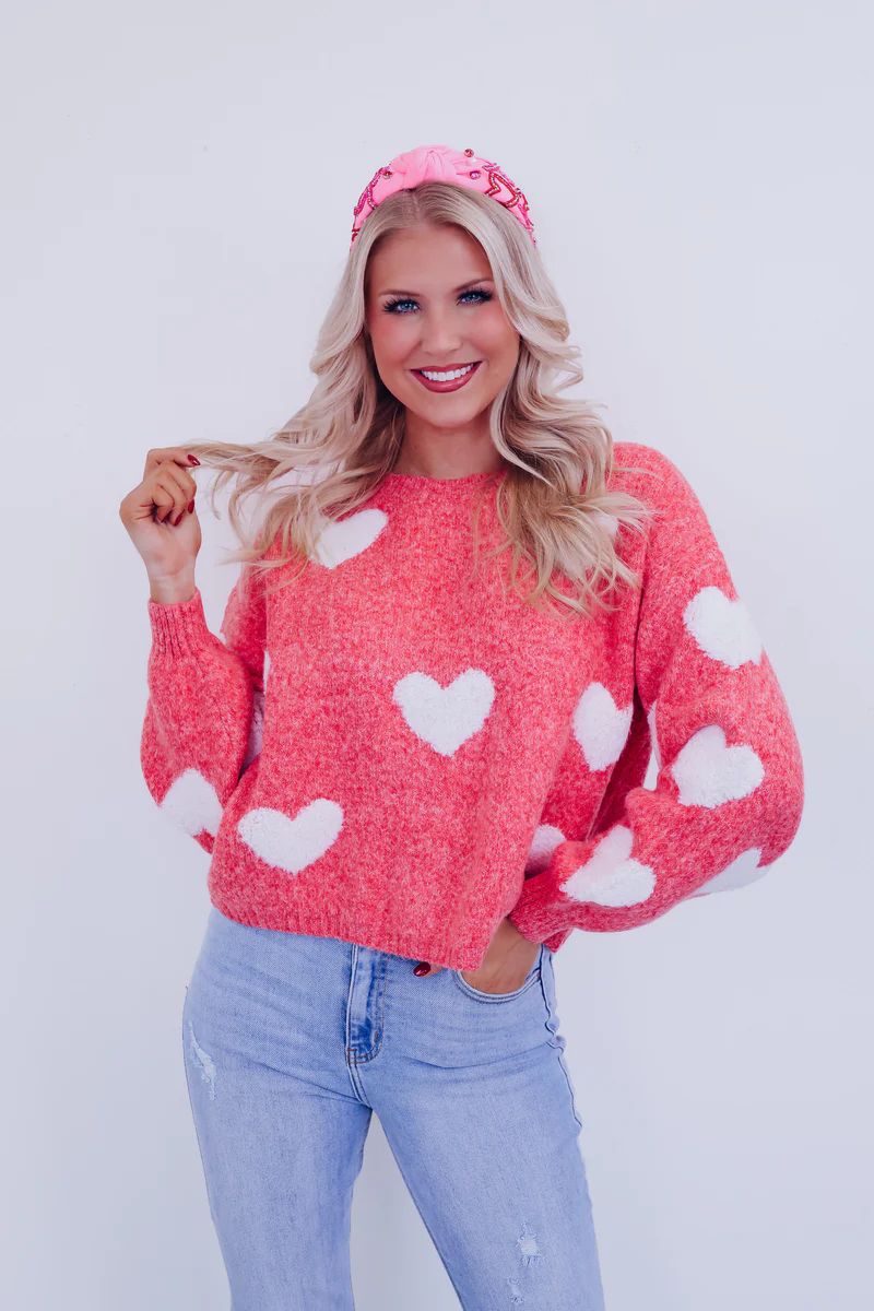 Lovey Fuzzy Heart Print Cropped Sweater - Red | Whiskey Darling Boutique