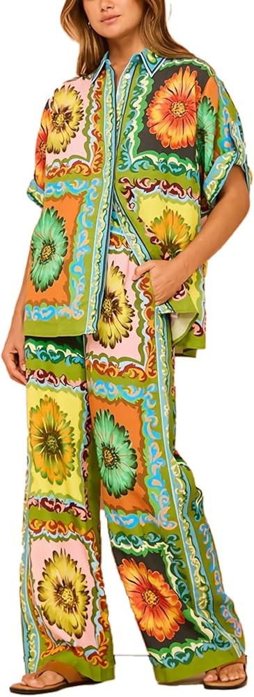 Womens 2 Piece Boho Print Summer Beachwear Suit Sets Short Sleeve Button Down Shirt Wide Leg Pant... | Amazon (US)