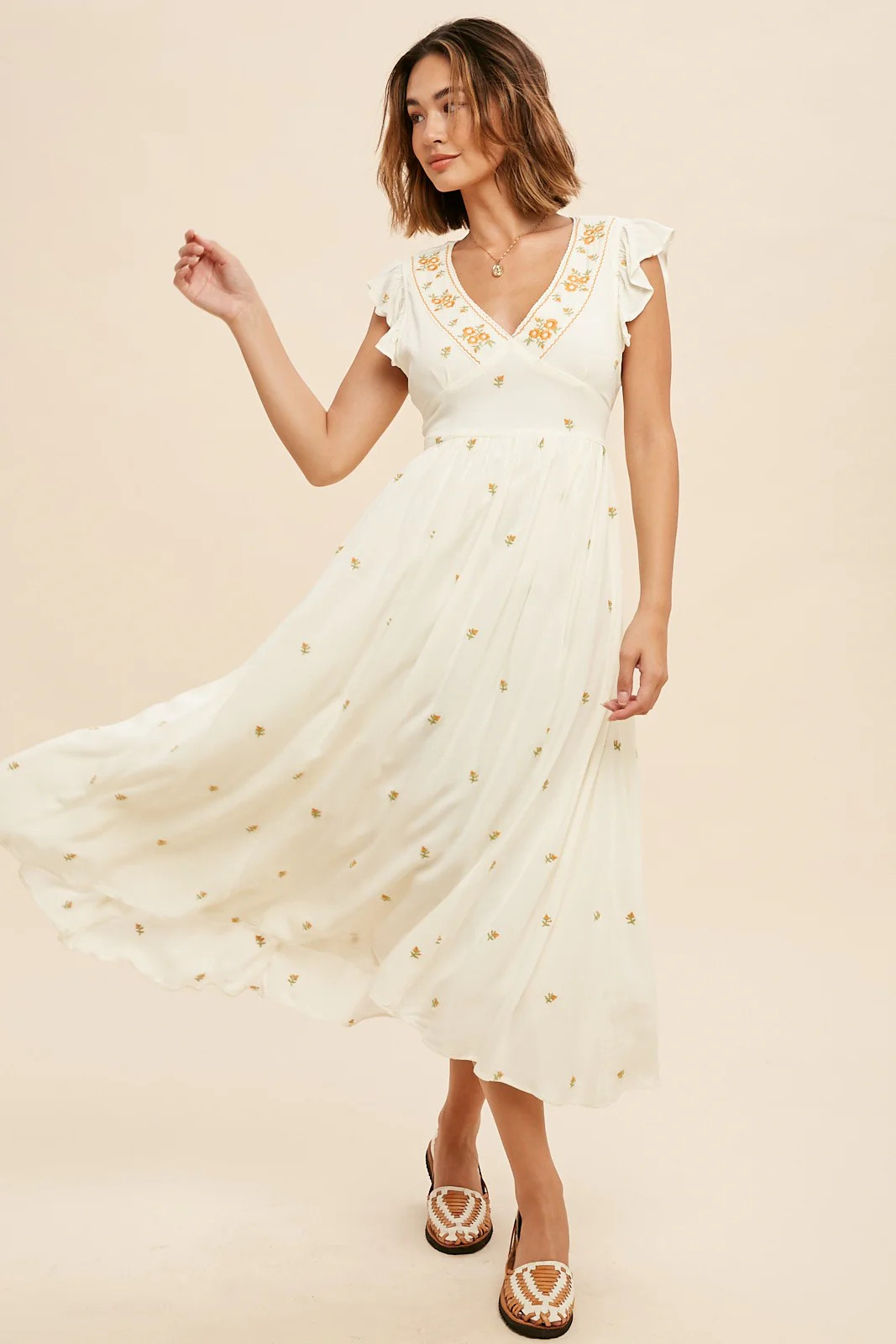 Cream All Over Floral Embroidered V Neck Midi Dress | PinkBlush Maternity