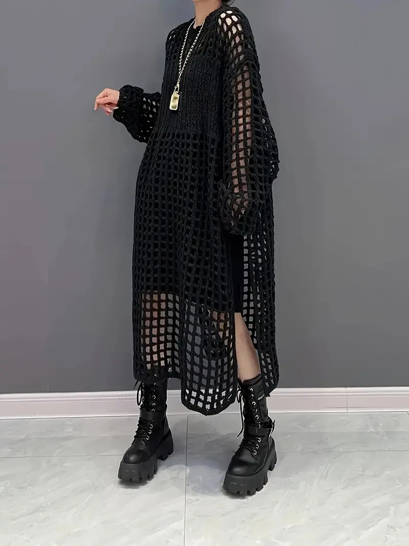 Crew Neck Cover Dress Plus Size Hollow Sexy Split Hem Long - Temu | Temu Affiliate Program