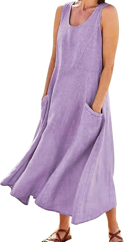 Miolasay Women UK Party Elegant Fancy Dress Trendy Tunic Summer Linen Dress with Pockets Sleevele... | Amazon (UK)
