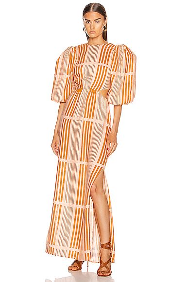 Johanna Ortiz Whispered Sunset Maxi Dress in Pink Mist & Dijon - Brown,Stripes,Pink. Size XS (also i | FWRD 