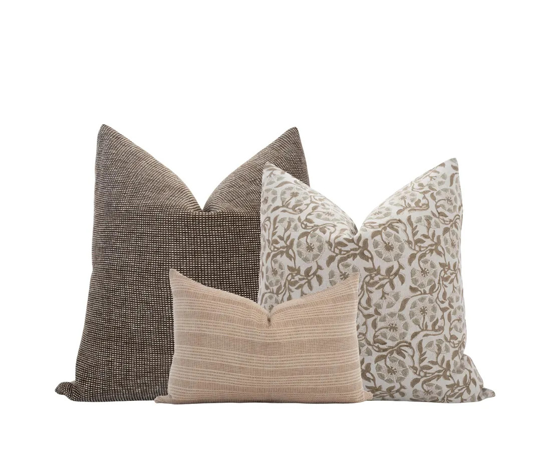 Neutral Pillow Cover Combo Block Print Pillow Combo Modern Farmhouse Pillow Set Floral Spring Pil... | Etsy (US)