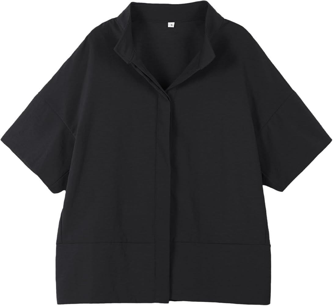 Ainangua Women Casual Button Down Shirts Oversized Short Sleeve Stand Collar Tops Trendy Work Blo... | Amazon (US)