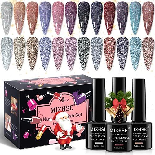 MIZHSE Reflective Glitter Gel Nail Polish Kit 12 Pcs, Colorful Sparkly Diamond Soak Off UV LED Ge... | Amazon (US)