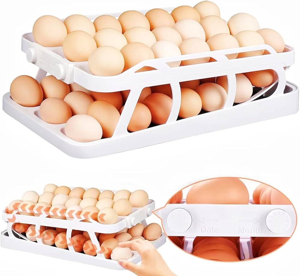 LENGMOMO Large Capacity Egg Holder for Refrigerator,Rolling Egg Dispenser 42 Eggs Storage with Ti... | Amazon (US)