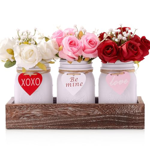 KIVIVO Valentines Day Table Decor, Centerpieces for Tables, Decorative Mason Jars Valentine Table Centerpiece, Rose, Wood Tray, 31 Pcs Farmhouse Valentines Day Table Decorations for Home, Kitchen | Amazon (US)