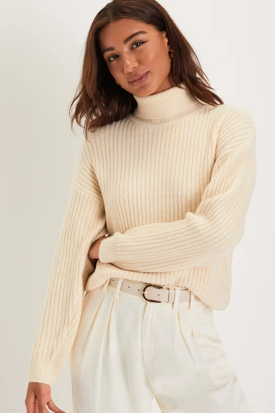 Toasty Style Cream Ribbed Knit Turtleneck Sweater | Lulus