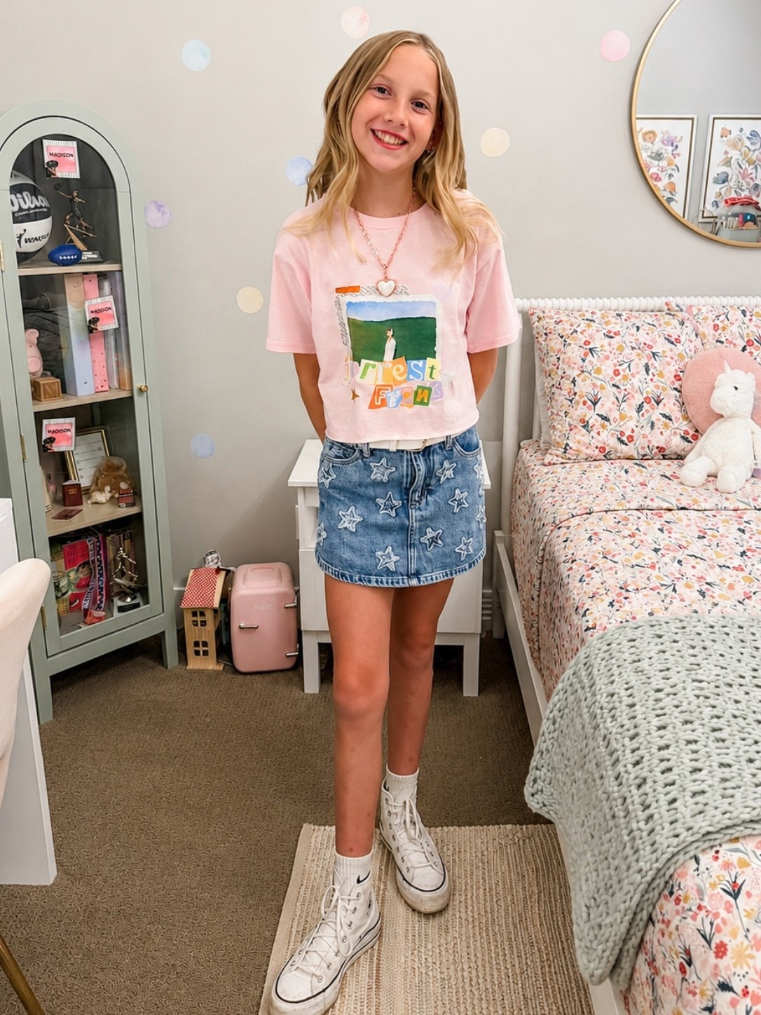 My 10 year old tween daughters concert outfit for Forrest frank 🎶 

Cute star Jean skort and we cut the tee shirt to make it more cropped ✂️ Paired with my converse high tops she borrowed for the night!

#LTKootd #LTKKids #LTKSaleAlert
