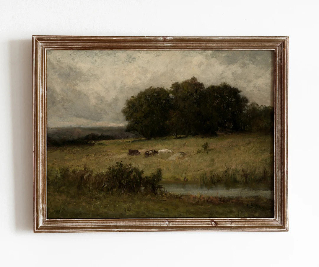Grazing Cows Near Stream | Vintage landscape Oil Painting | Moody Farmhouse Artwork | Digital Dow... | Etsy (US)