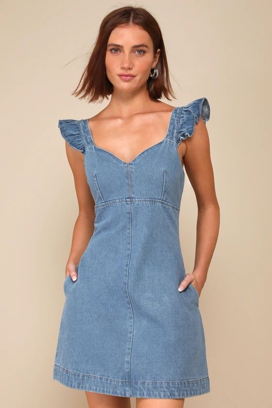 Light Wash Denim Ruffled Mini Dress with Pockets | Denim Dress Outfit | Blue Mini Dress | Lulus