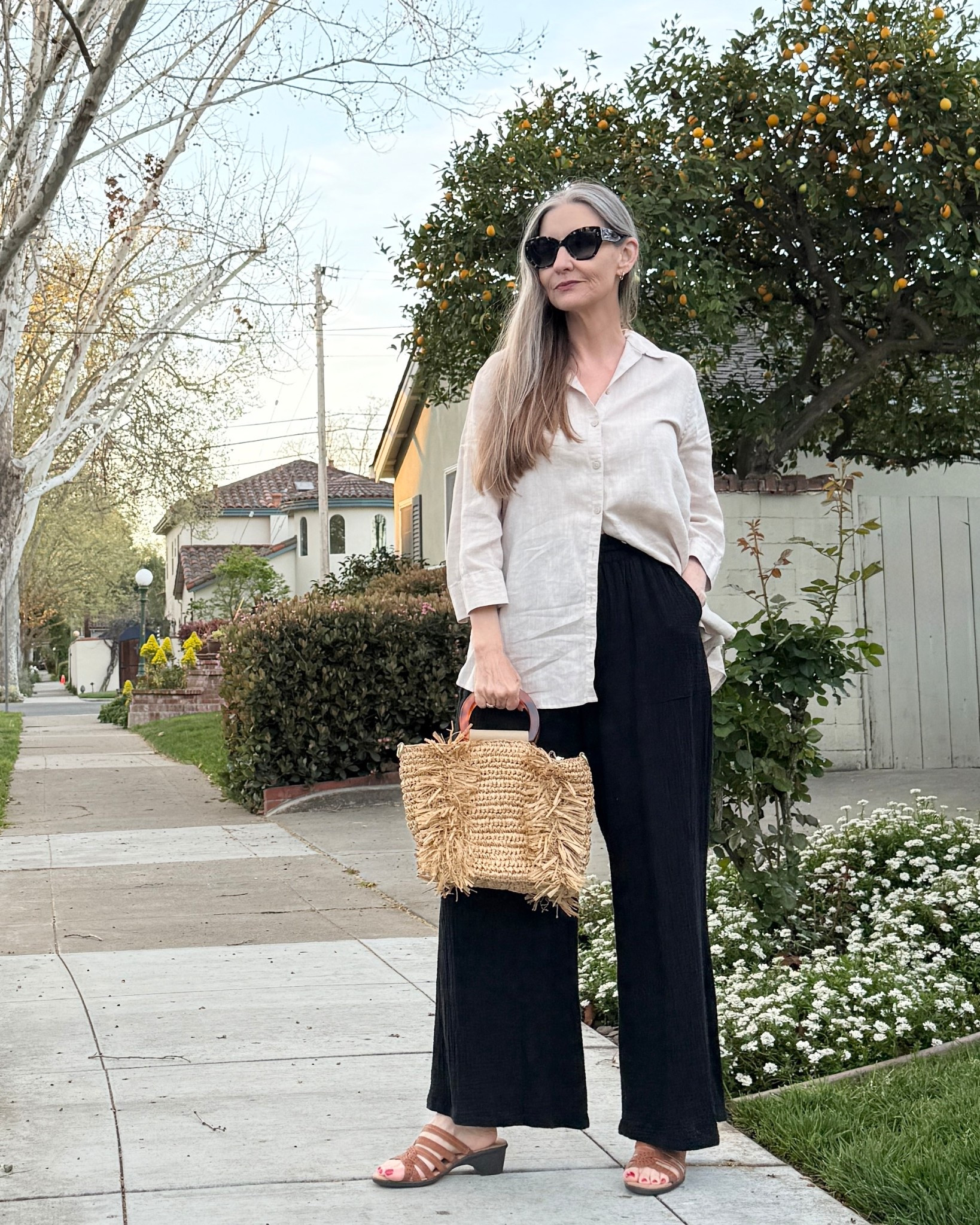 Easy and comfortable resort look. #linenpants #linenshirt #comfortablesandals #travelstyle #resortstyle #styleover50 

#LTKOver40 #LTKMidsize #LTKTravel