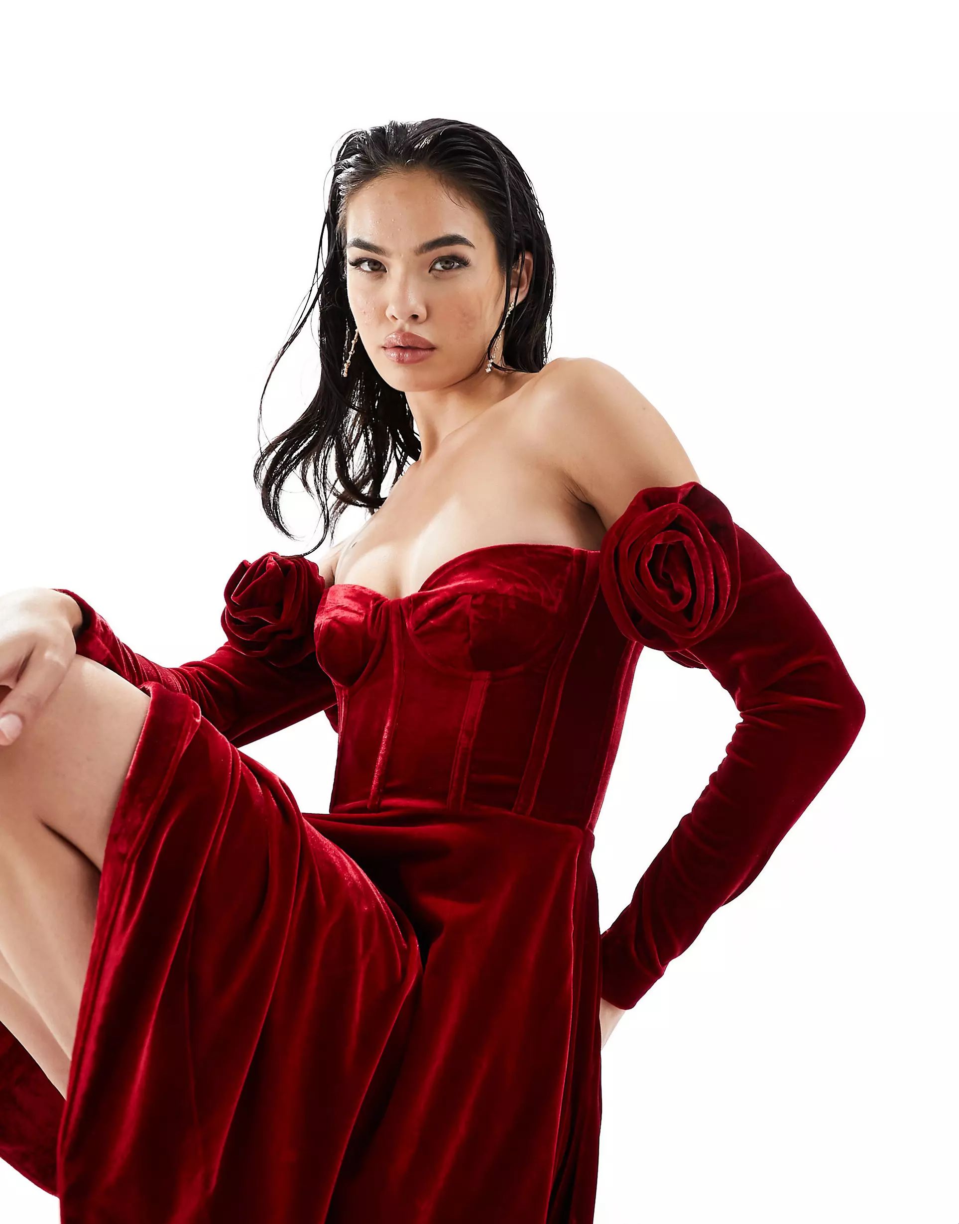Bardot off shoulder velour mini dress in red | ASOS (Global)