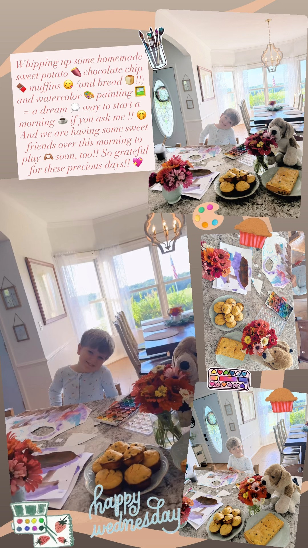 Whipping up some homemade sweet potato 🍠 chocolate chip 🍫 muffins 😋 (and bread 🍞!!) and watercolor 🎨 painting 🖼️ = a dream 💭 way to start a morning ☕️ if you ask me !! 🤭 And we are having some sweet friends over this morning to play 🫶🏽 soon, too!! So grateful for these precious days!! 💖