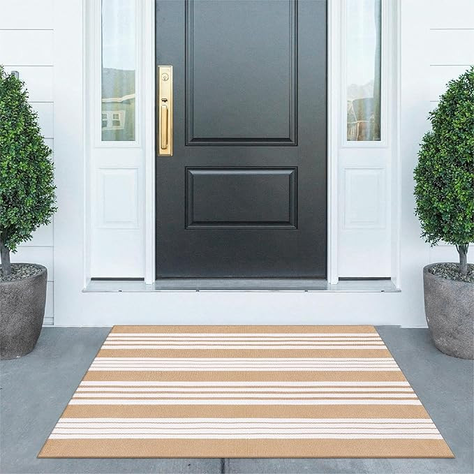 KIMODE Striped Outdoor Rug 27.5x43 Inches, White and Khaki Outdoor Front Porch Rug,Reversible Was... | Amazon (US)