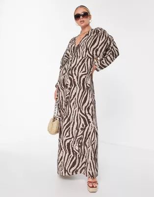 ASOS DESIGN ruched long sleeve plunge crinkle beach maxi dress in animal print | ASOS (Global)