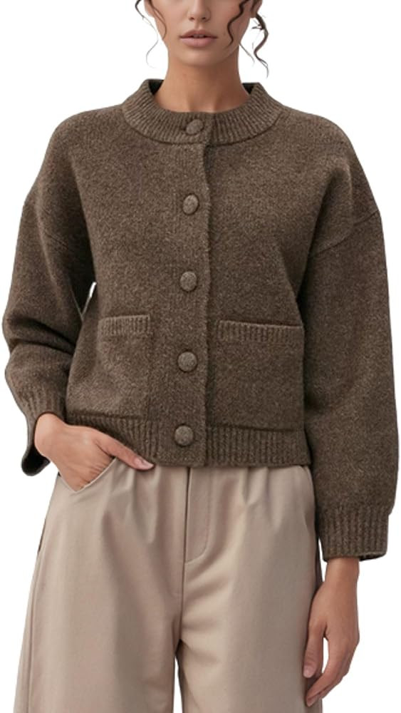 FindThy Women’s Chunky Cropped Knit Cardigan Long Sleeve Button Down Crewneck Fall Sweater Coat... | Amazon (US)