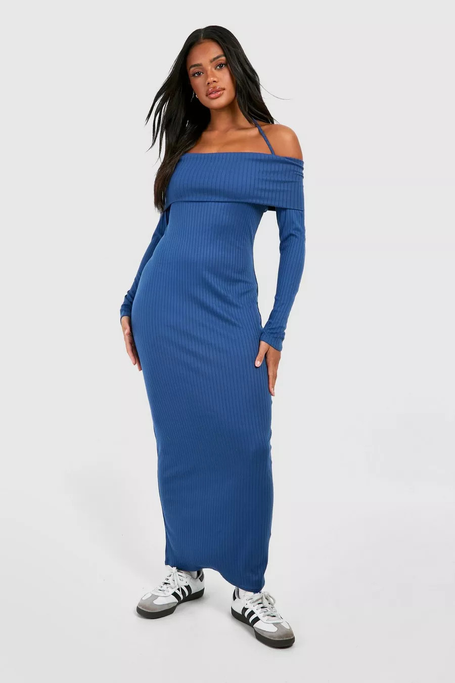 Halter Off The Shoulder Brushed Rib Maxi Dress | boohoo (US & Canada)