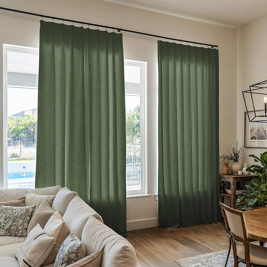 TWOPAGES Hunter Green Linen Textured Pinch Pleat Curtain 96 Inches Long Heavyweight Cotton Curtai... | Amazon (US)