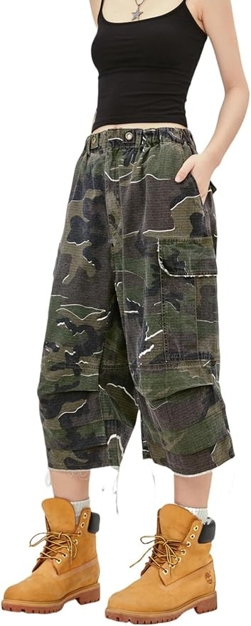 Women's High Waist Capri Jeans, Unisex Camo Denim Stretchy Waistband Multi Pockets Baggy Cargo Ca... | Amazon (US)