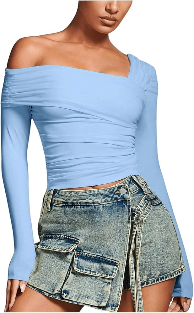 WDIRARA Women's Off Shoulder Asymmetric Ruched Slim Fit Knitted Long Sleeve Tee Tops | Amazon (US)