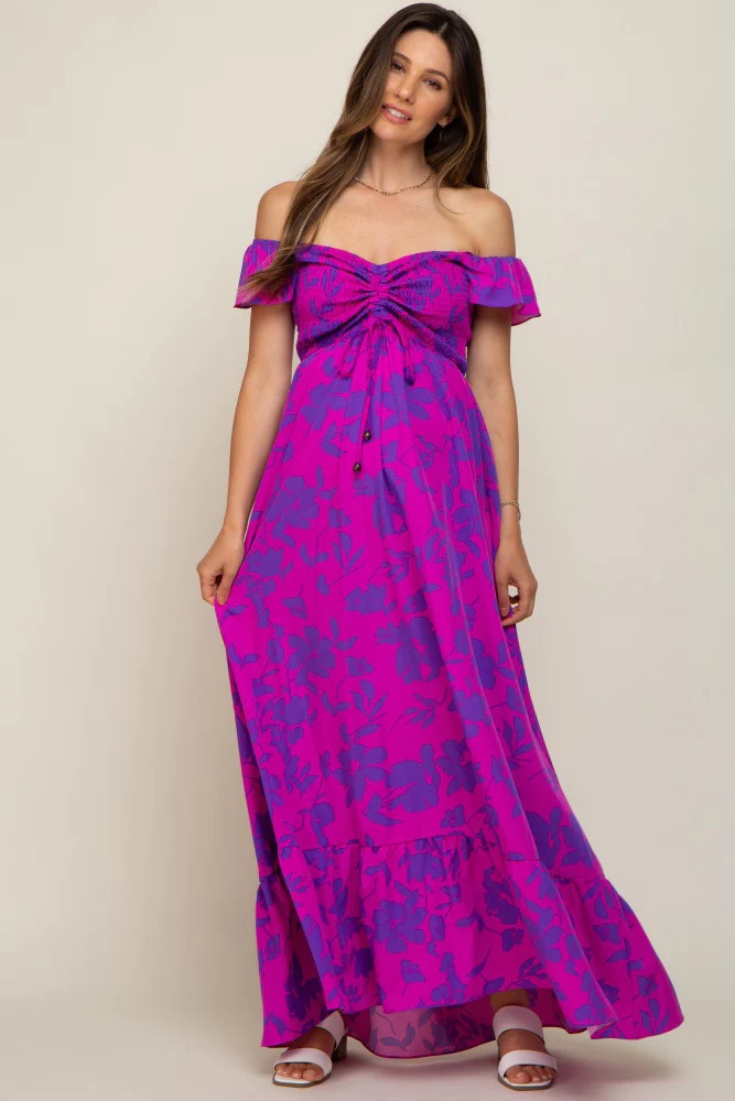 Magenta Floral Smocked Cinched Top Maternity Maxi Dress | PinkBlush Maternity