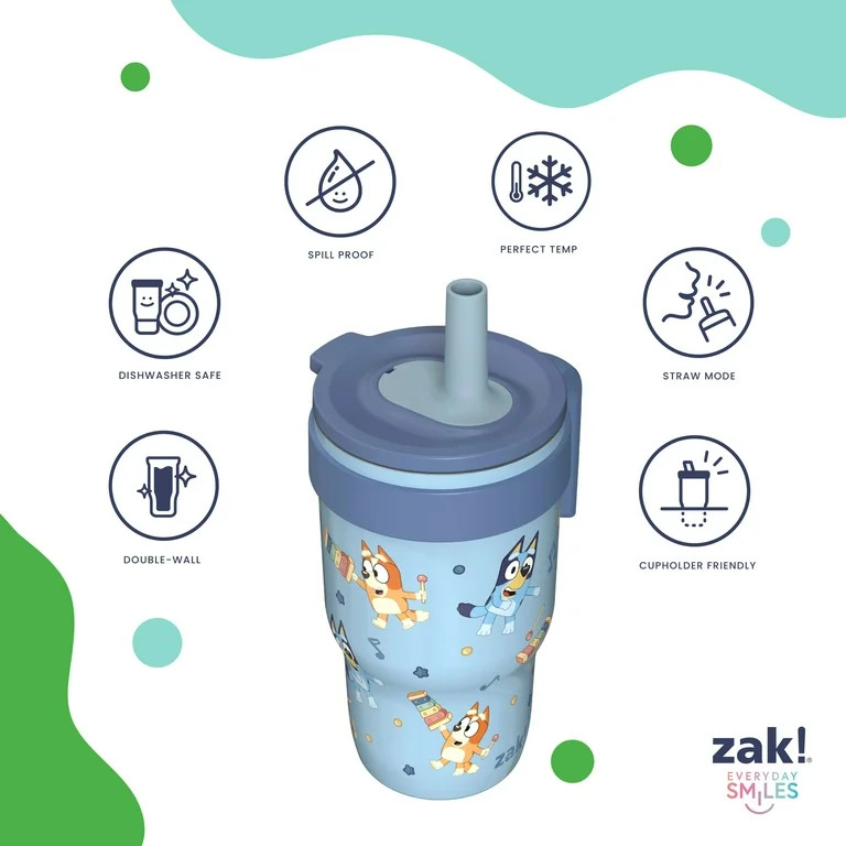 Zak Designs Bluey 10oz Mini Cruiser Tumbler, Soft Straw Stainless Steel Tumbler for Toddlers, Lea... | Walmart (US)