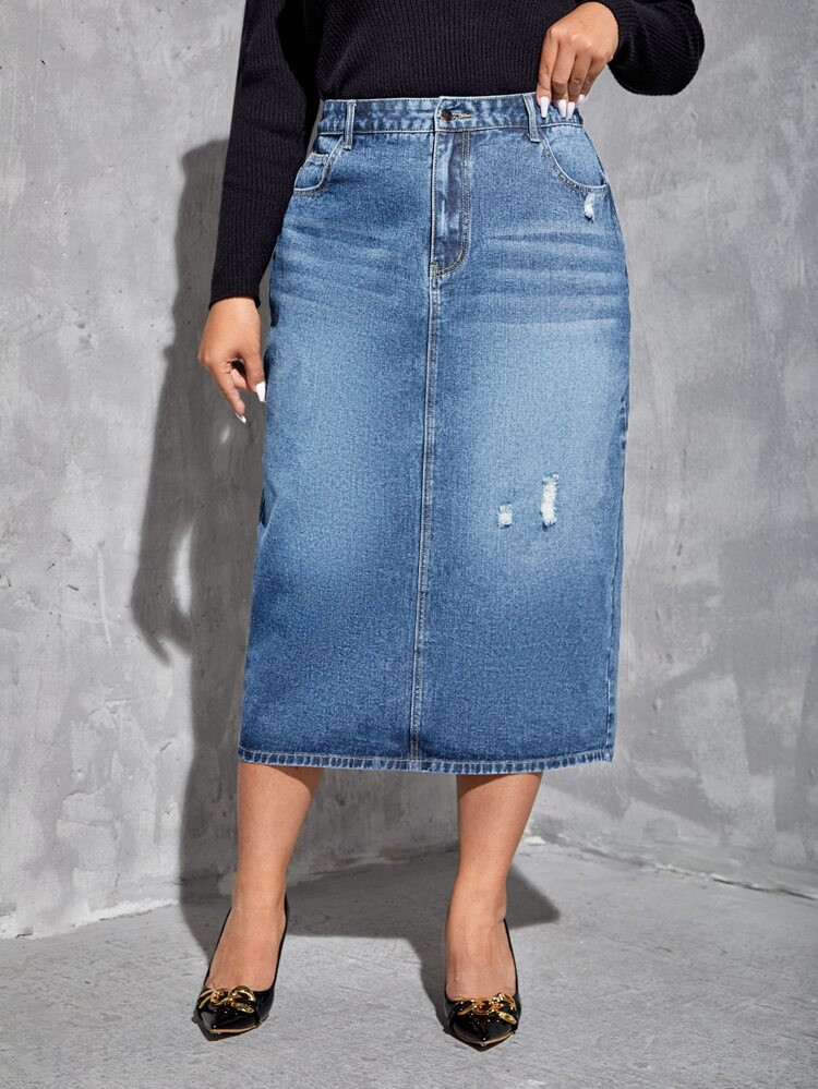 SHEIN SXY Plus High Waist Ripped Slit Back Denim Skirt | SHEIN