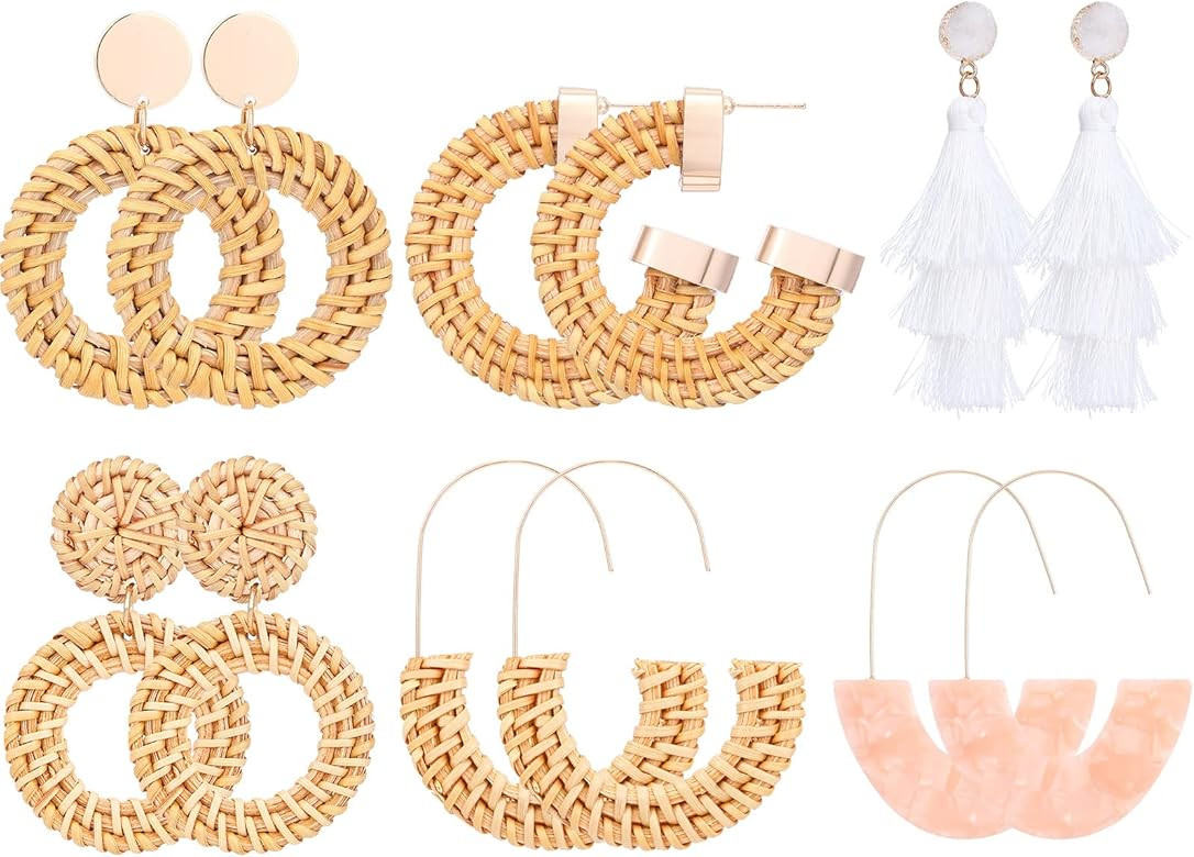 6 Pairs Rattan Earrings Straw Earrings Tassel Woven Bohemian Earring Handmade Wicker Braid Hoop D... | Amazon (US)