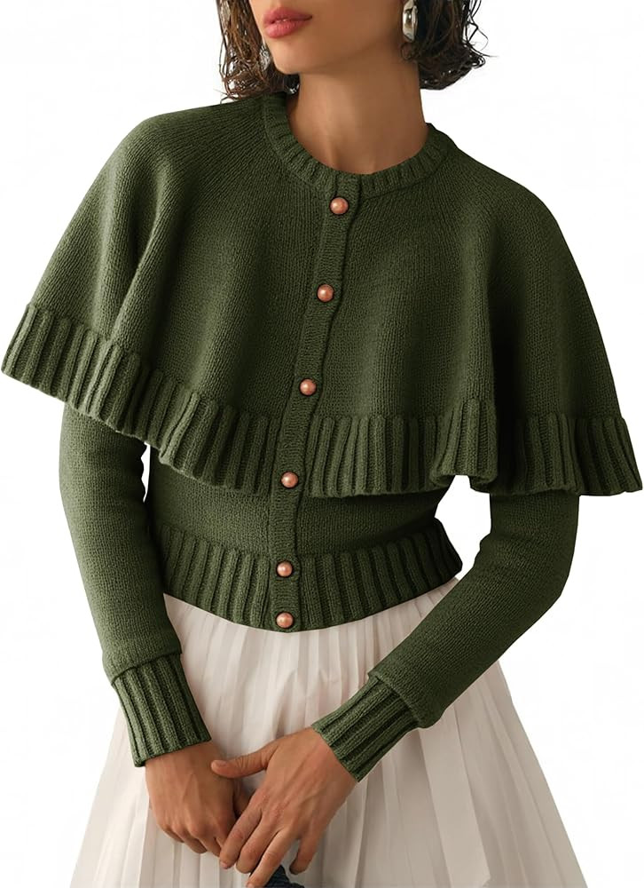 Saodimallsu Womens Cropped Cardigan Sweater Long Sleeve Fall Knit Cape Sweaters Button Up Trendy ... | Amazon (US)