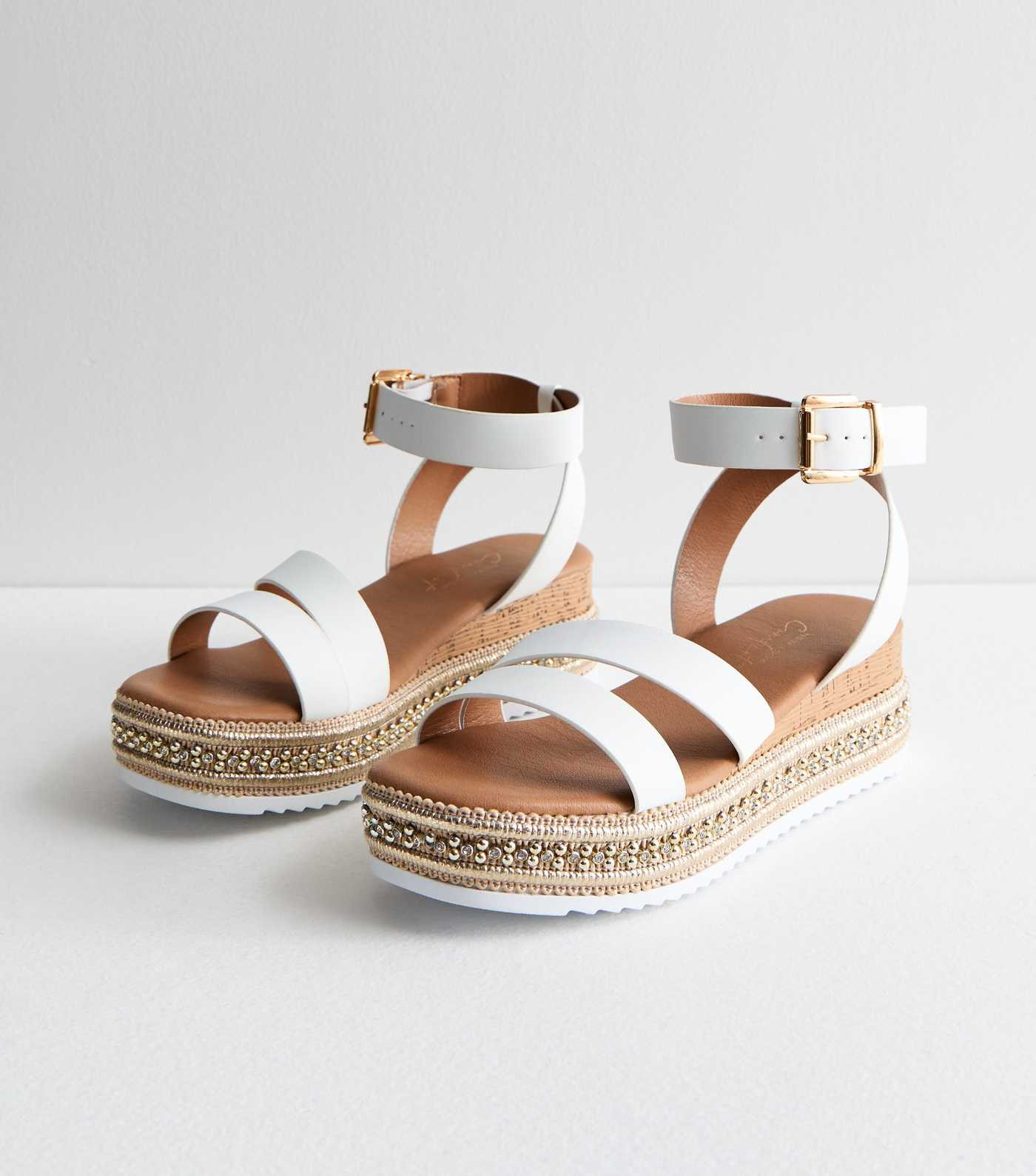 White Leather-Look Embellished Flatform Sandals | New Look | New Look (UK)