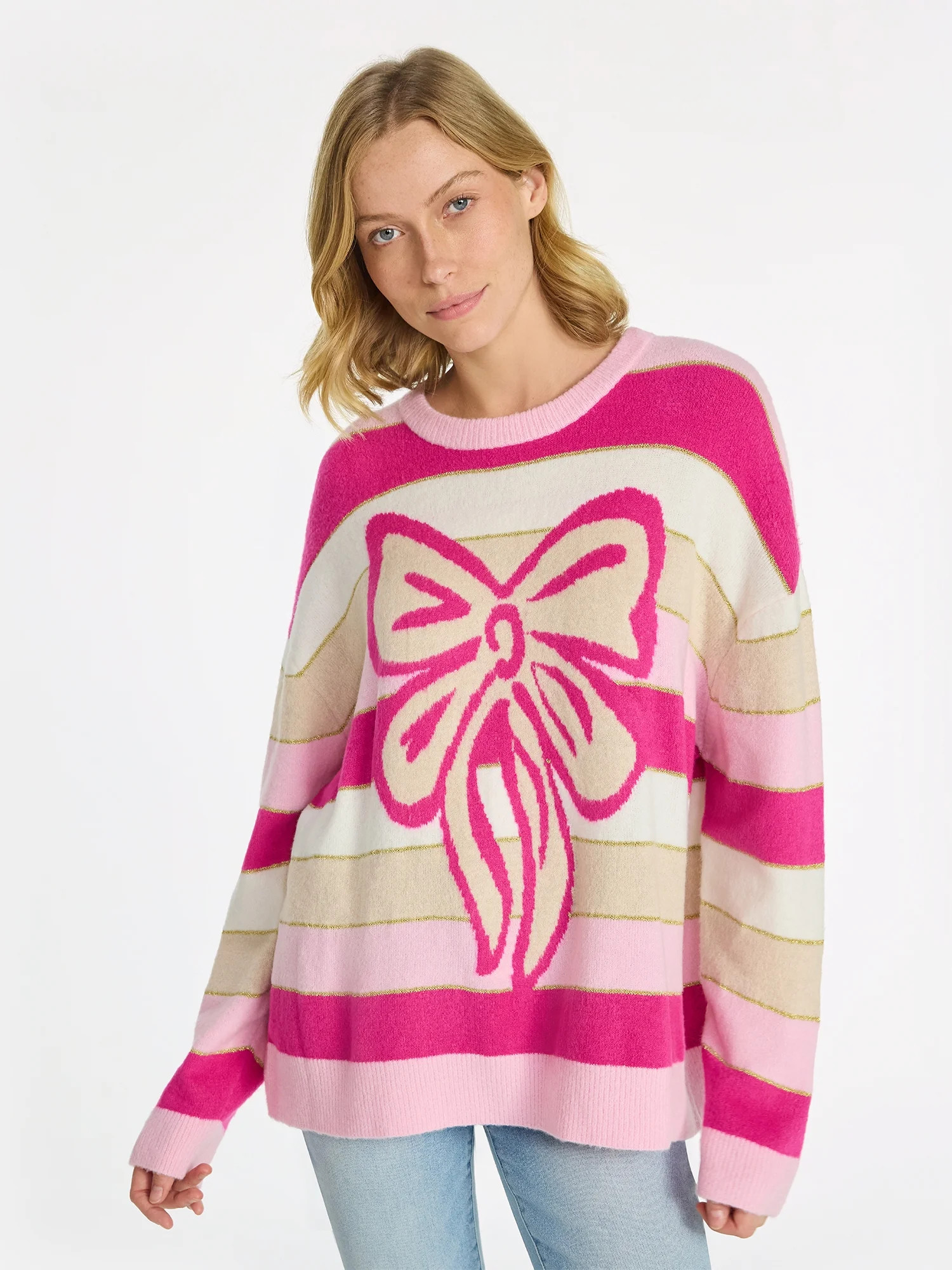 99 Jane Street Women's and Women's Plus Striped Sweater with Bow Design, Midweight, Sizes XS-4X | Walmart (US)