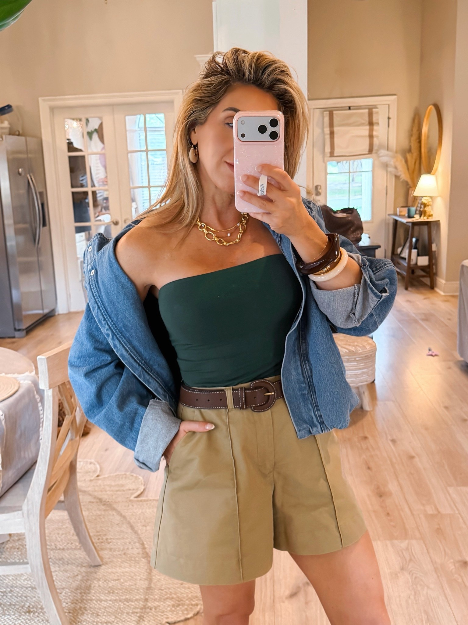 Early fall outfit idea to wear now and later. 

Fall outfits women, fall transition outfits, denim bomber jacket, cropped denim bomber jacket, fall accessories, fall jewelry

#LTKgrwm #LTKOver40 #LTKootd