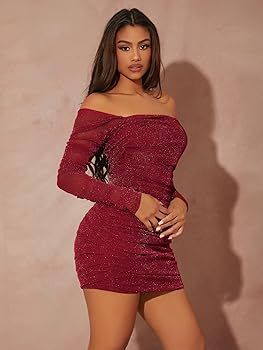 WDIRARA Women's Off The Shoulder Long Sleeve Ruched Glitter Cocktail Party Bodycon Mini Dress | Amazon (US)