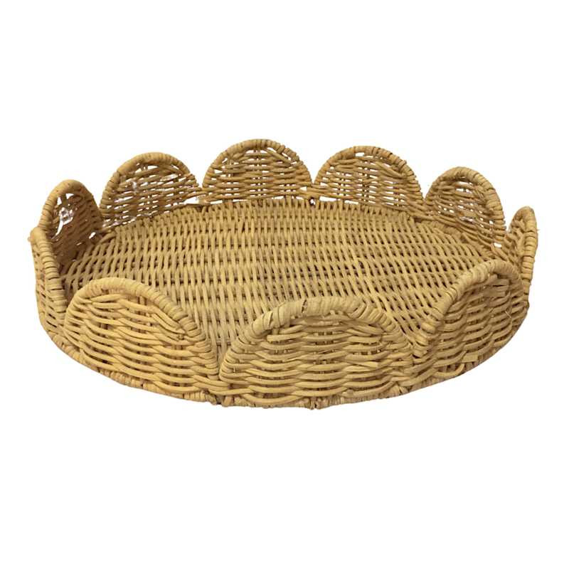 Round Natural Rattan Scalloped Decorative Tray, 11.4" | At Home