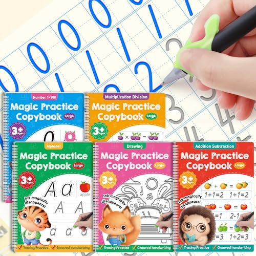 Large Magic Grooved Practice Copybook 5 Pack with Pens, Reusable Children's Magic Copybooks, Magical Handwriting Workbooks Number Letter Tracing for Kids Age 3-8 Kindergarten Preschool Calligraphy | Amazon (US)