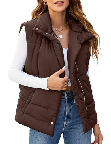 Blooming Jelly Womens Zip Up Puffer Vest Stand Collar Quilted Padded Outerwear Vests With Pockets 2024 (Small, Brown) | Amazon (US)