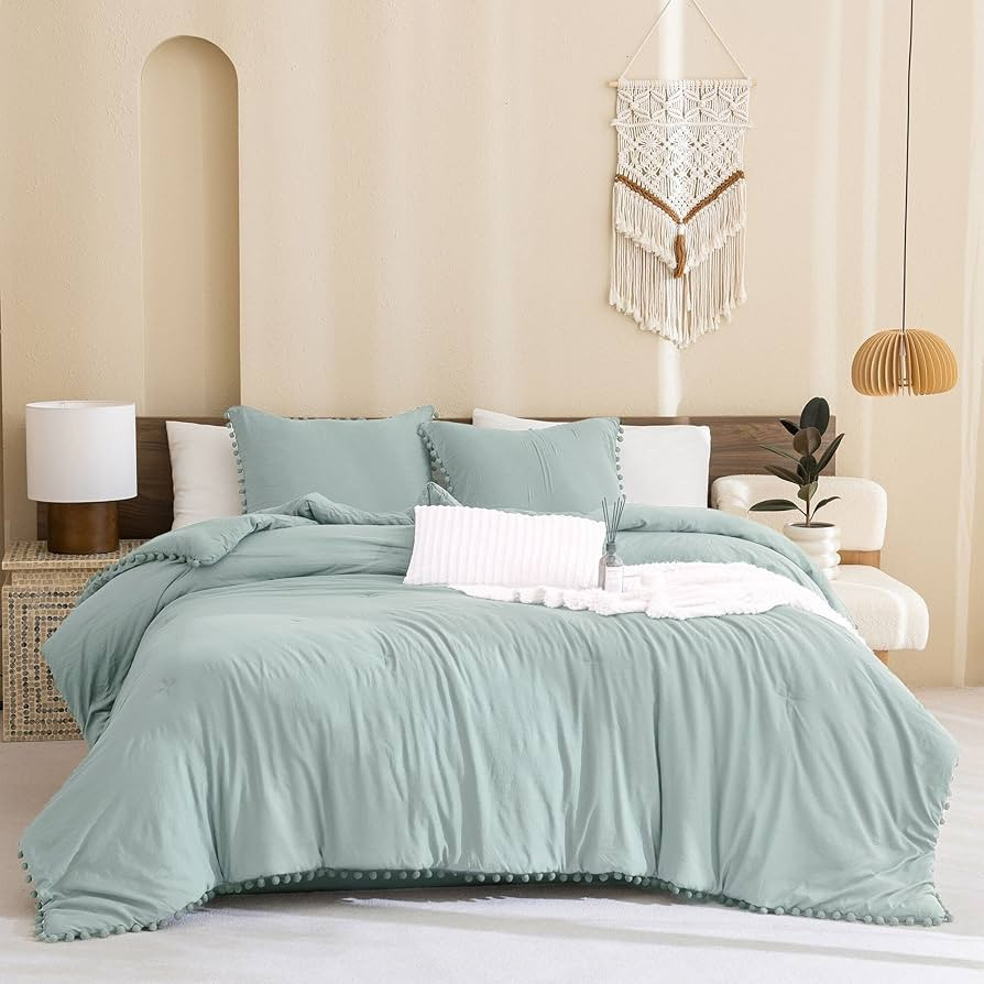 SexyTown Sage Green Comforter Set Queen with Pompom, Lightweight Boho Bedding Day Bed Comforter S... | Amazon (US)