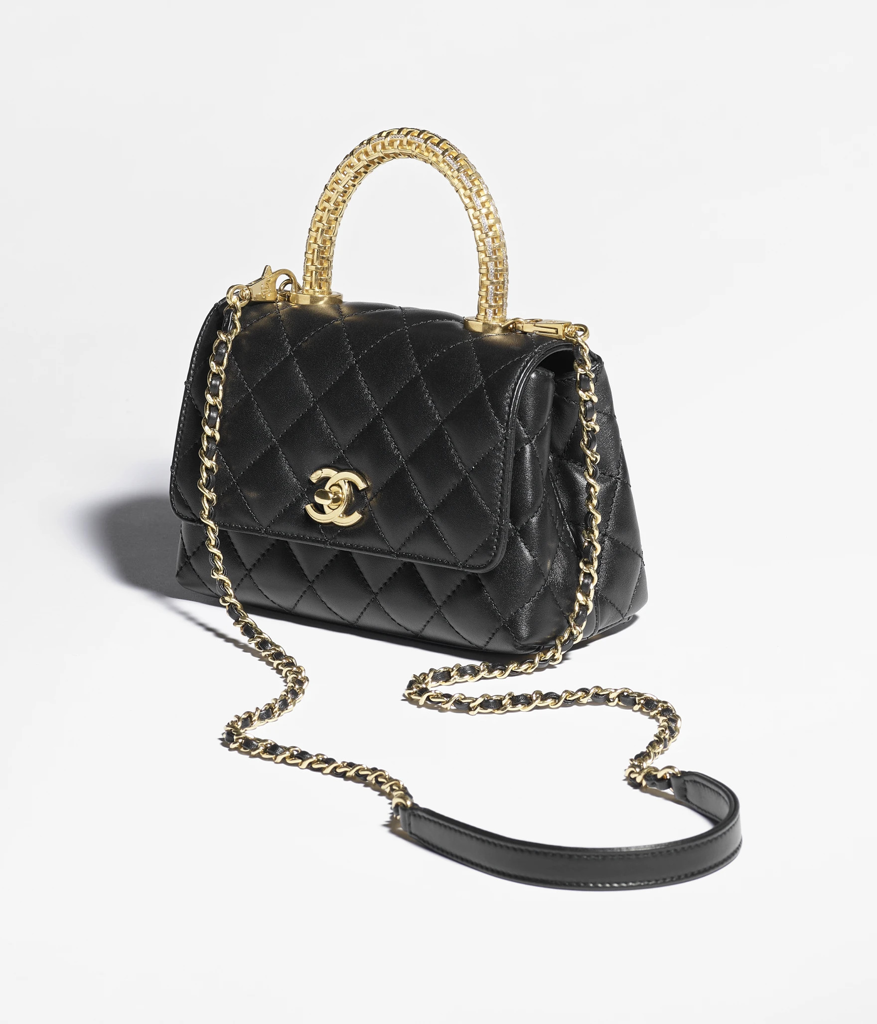 Mini flap bag with top handle, Calfskin, strass & gold-tone metal, black — Fashion | CHANEL | Chanel, Inc. (US)