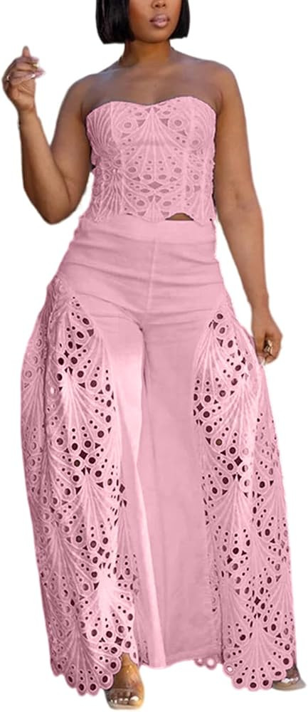 Women 2 Piece Lace Set Crop Strapless Corset Tube Top Hollow Out Eyelet Barrel Pants Party Jumpsu... | Amazon (US)