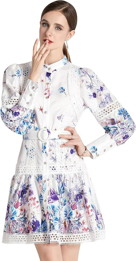 LAI MENG FIVE CATS Women's Bell Sleeve Round Neck Floral Print Casual Flowy Swing Mini Dress | Amazon (US)