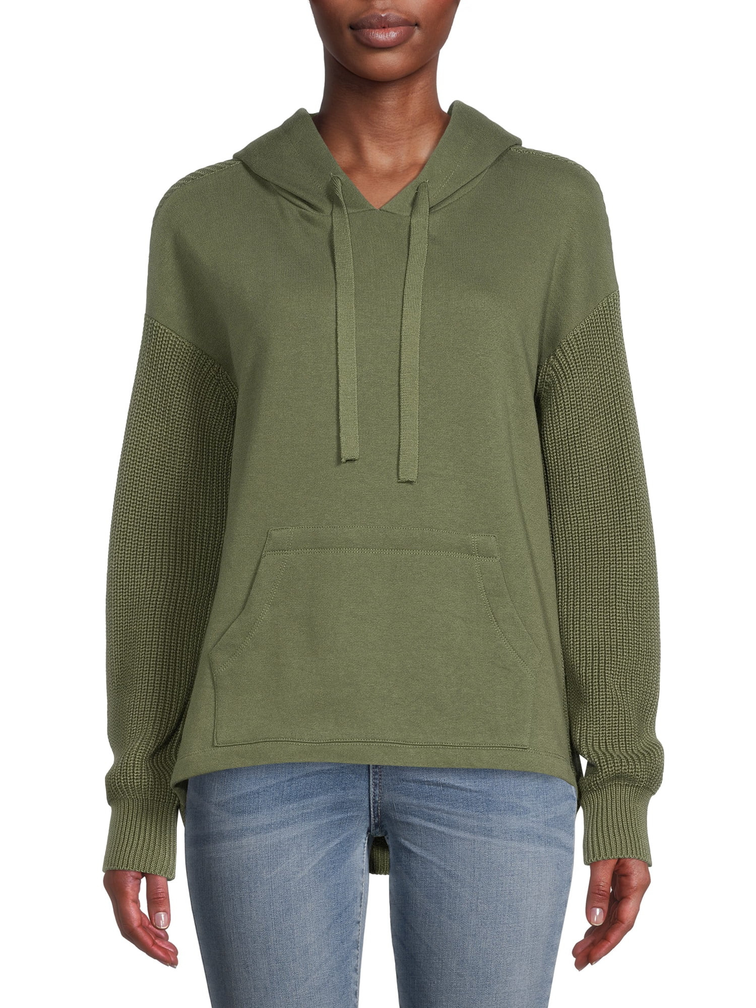 Time and Tru Women's Long Sleeve Mixed Media Pullover Hoodie | Walmart (US)