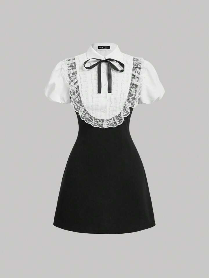 SHEIN MOD Women's Color Block Dress With Lace Trim And Bow Detailing On The Front | SHEIN